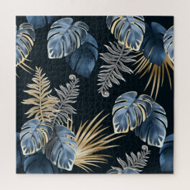 Blauw Goud Tropisch Palmblad Patroon Kunst Legpuzzel