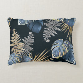 Blauw Goud Tropisch Palmenbladeren Patroon Kunst Accent Kussen