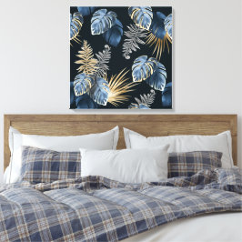 Blauw Goud Tropisch Palmenbladeren Patroon Kunst Canvas Afdruk