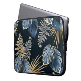 Blauw Goud Tropisch Palmenbladeren Patroon Kunst Laptop Sleeve