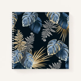 Blauw Goud Tropisch Palmenbladeren Patroon Kunst Notitieboek