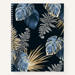 Blauw Goud Tropisch Palmenbladeren Patroon Kunst Notitieboek