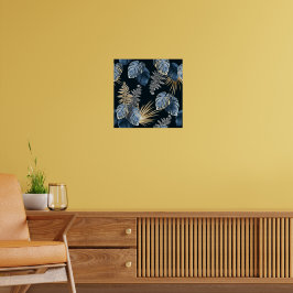 Blauw Goud Tropisch Palmenbladeren Patroon Kunst Poster