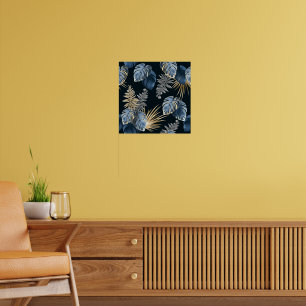 Blauw Goud Tropisch Palmenbladeren Patroon Kunst Poster