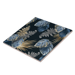 Blauw Goud Tropisch Palmenbladeren Patroon Kunst Tegeltje