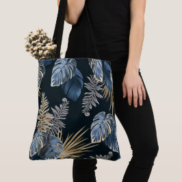 Blauw Goud Tropisch Palmenbladeren Patroon Kunst Tote Bag