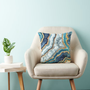Blauw Goud Turquoise Wit Elegante Geode Kussen