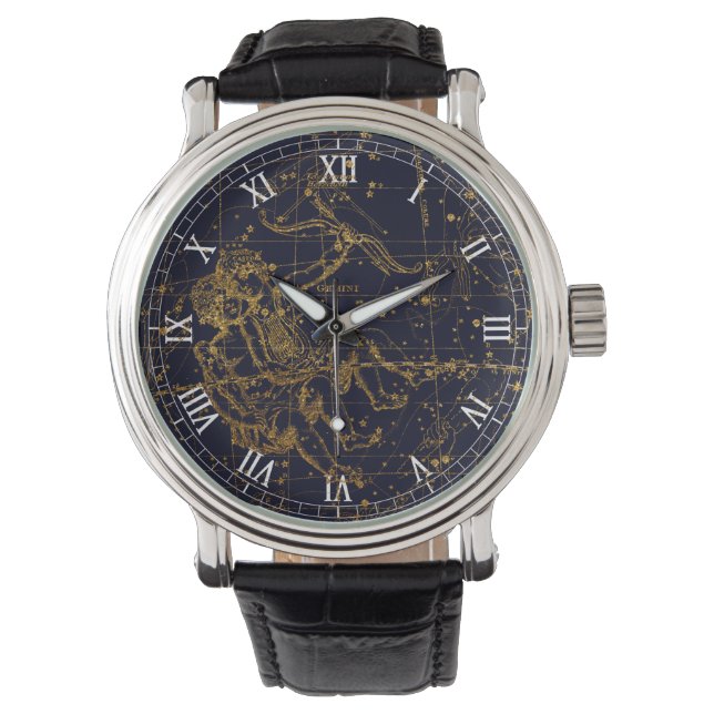  Blauw Goud Tweelingen Dierenriem Constellatie Horloge (Voorkant)