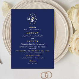 Blauw Goud Typografie Ampersand Monogram Bruiloft Folie Uitnodiging