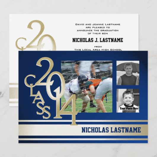 Blauw Goud Varsity Stripe Afstuderen TRI Foto 2014 Kaart (Voorkant / Achterkant)