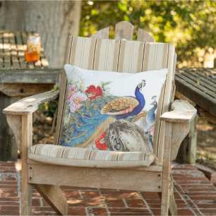 Blauw Goud Veer Pauw Vogel Bloemen Patio Buitenkussen