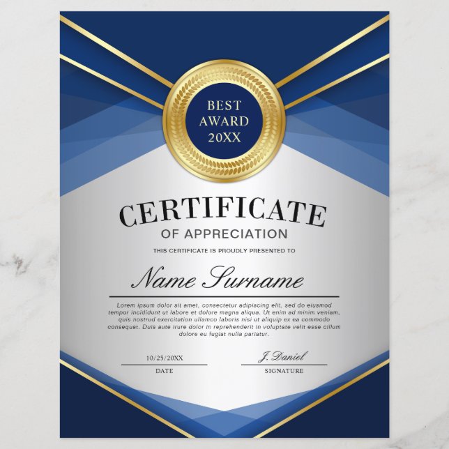 Blauw & Goud Verticaal Certificaat van Waardering (Voorkant)