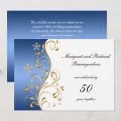Blauw goud vintage krullen 50ste huwelijksjubileum kaart (Voorkant / Achterkant)