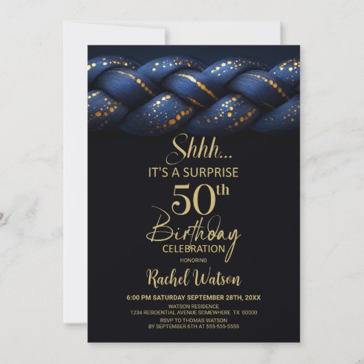 Blauw Goud Vlecht Verrassing 50ste Verjaardagsfees Kaart (Voorkant)