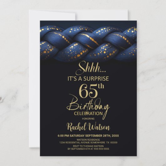 Blauw Goud Vlecht Verrassing 65e Verjaardagsfeest Kaart (Voorkant)
