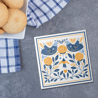 Blauw Goud Vogel Hygge Patroon Tegeltje