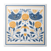 Blauw Goud Vogel Hygge Patroon Tegeltje (Voorkant)