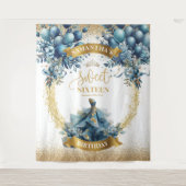 Blauw Goud Waterverf Ballon Sweet 16 Party Banner Wandkleed (Voorkant)