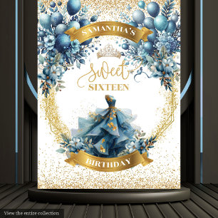 Blauw Goud Waterverf Ballon Sweet 16 Party Banner Wandkleed