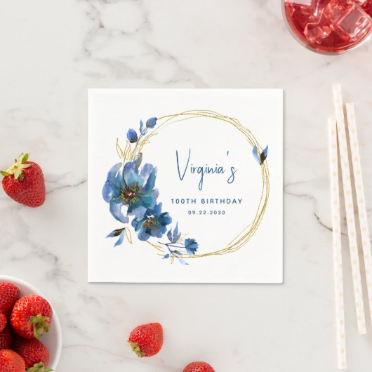 Blauw Goud Waterverf Bloemen 100ste Verjaardag Servet (Insitu)