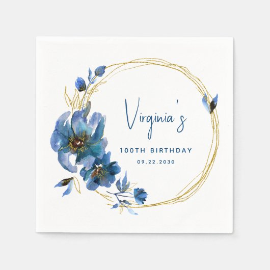 Blauw Goud Waterverf Bloemen 100ste Verjaardag Servet (Voorkant)