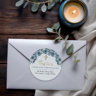 Blauw Goud Waterverf Bloemen Doop Retouradres Ronde Sticker