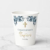 Blauw Goud Waterverf Bloemen Jongen Doop Papieren Bekers (Achterkant)