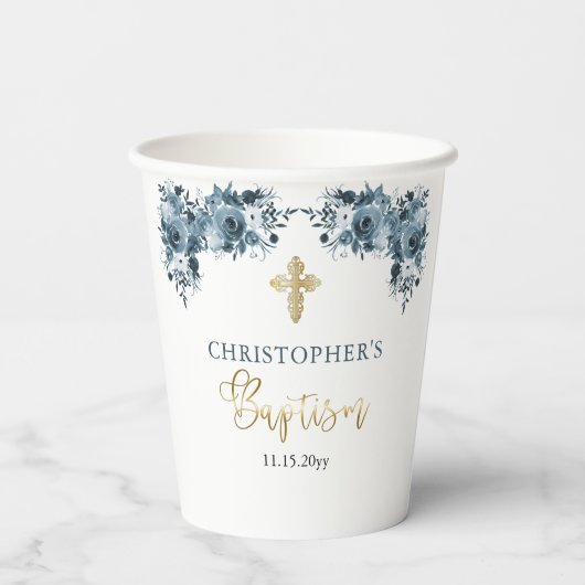 Blauw Goud Waterverf Bloemen Jongen Doop Papieren Bekers (Achterkant)