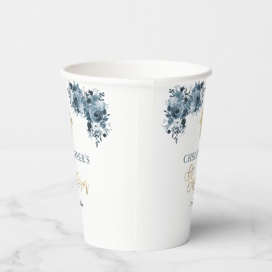 Blauw Goud Waterverf Bloemen Jongen Doop Papieren Bekers (Rechts)