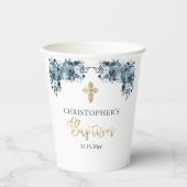 Blauw Goud Waterverf Bloemen Jongen Doop Papieren Bekers (Voorkant)