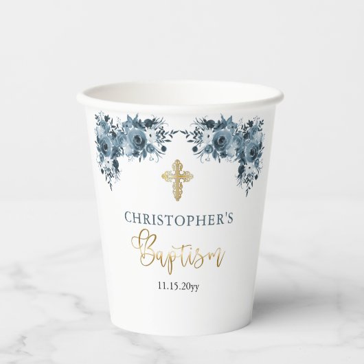 Blauw Goud Waterverf Bloemen Jongen Doop Papieren Bekers (Voorkant)