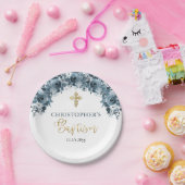 Blauw Goud Waterverf Bloemen Jongen Doop Papieren Bordje (Feest)