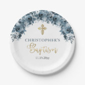 Blauw Goud Waterverf Bloemen Jongen Doop Papieren Bordje (Voorkant)