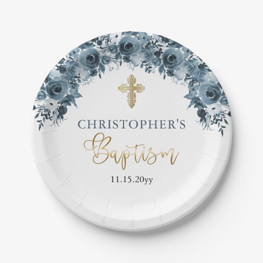 Blauw Goud Waterverf Bloemen Jongen Doop Papieren Bordje (Voorkant)