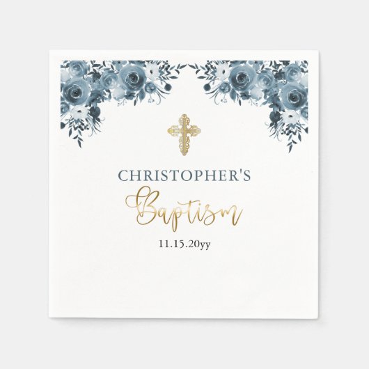Blauw Goud Waterverf Bloemen Jongen Doop Servet (Voorkant)