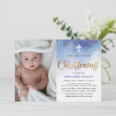 Blauw & Goud Waterverf Boy Doopsel Kaart (Staand voorkant)