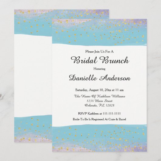 Blauw & Goud Waterverf Bruidsdouche Uitnodiging (Voorkant / Achterkant)