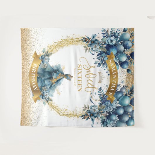 Blauw Goud Waterverf Elegant Sweet 16 Dress Banner Wandkleed (Voorkant (horizontaal))