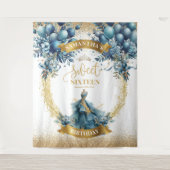 Blauw Goud Waterverf Elegant Sweet 16 Dress Banner Wandkleed (Voorkant)