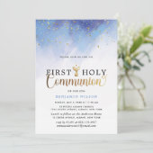 Blauw-Goud Waterverf Jongen Eerste Heilige Communi Kaart (Staand voorkant)