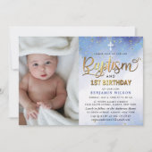 Blauw & Goud Waterverf Jongensdoop & 1e Verjaardag Kaart (Voorkant)