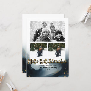 Blauw Goud Waterverf Mele Kalikimaka Kerst Foto Kaart