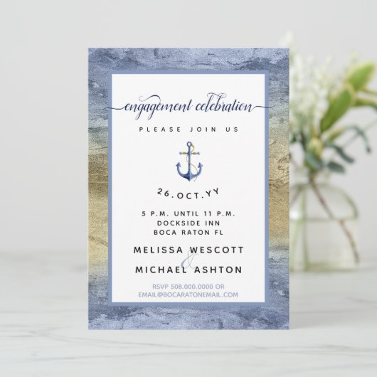 Blauw Goud Waterverf #Nautisch Verlovingsfeest Kaart (Staand voorkant)
