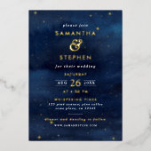Blauw & Goud Waterverf Night Sky & Stars Wedding Folie Uitnodiging (Voorkant)