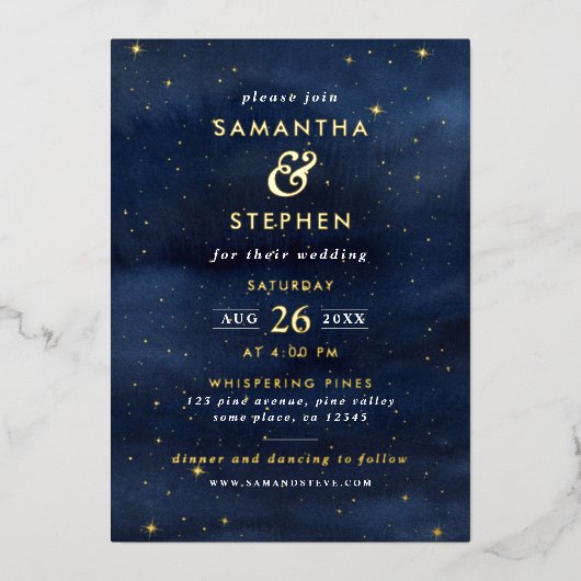 Blauw & Goud Waterverf Night Sky & Stars Wedding Folie Uitnodiging (Voorkant)