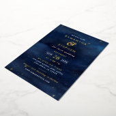 Blauw & Goud Waterverf Night Sky & Stars Wedding Folie Uitnodiging (Gedraaid)