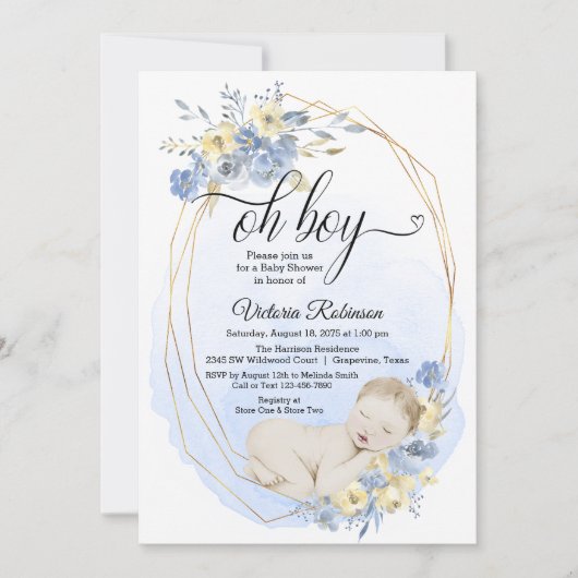 Blauw Goud Waterverf Oh Boy Baby shower Kaart (Voorkant)