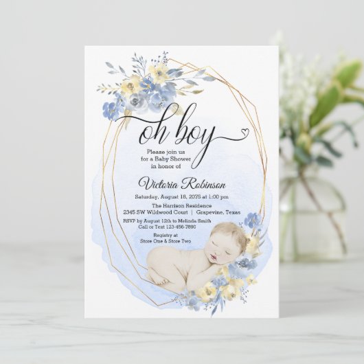 Blauw Goud Waterverf Oh Boy Baby shower Kaart (Staand voorkant)