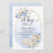 Blauw Goud Waterverf Oh Boy Baby shower Kaart (Voorkant / Achterkant)