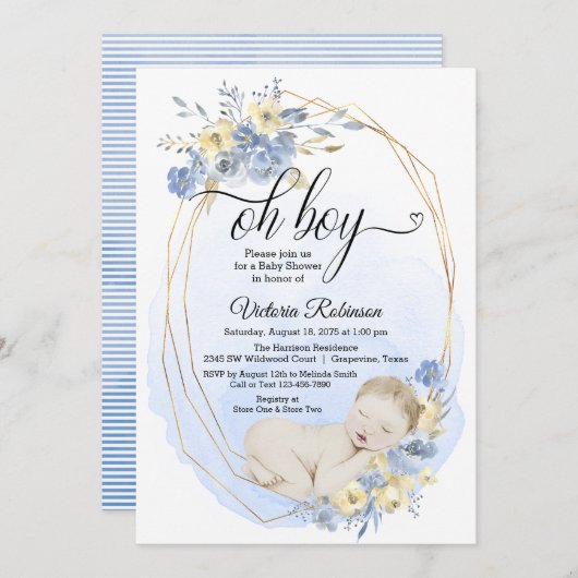Blauw Goud Waterverf Oh Boy Baby shower Kaart (Voorkant / Achterkant)